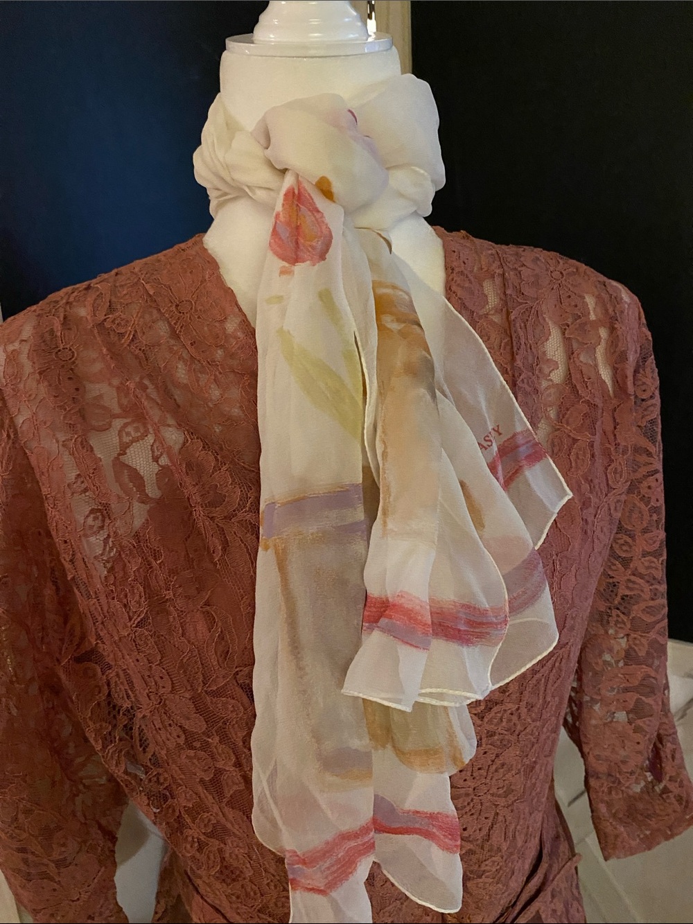 Vintage Laura Ashley imperfect Chiffon Scarf with Potted Flowers Motif
